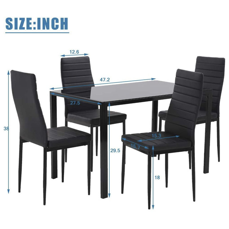 Ensemble de table de salle à manger YouYeap 5 pièces avec table en verre et 4 chaises à haut dossier, noir