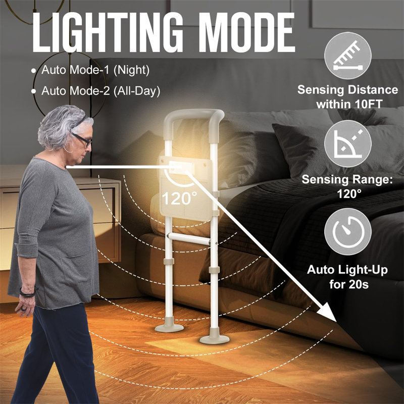 Adjustable Bedside Safety Rail with Motion Light and Storage Pouch
