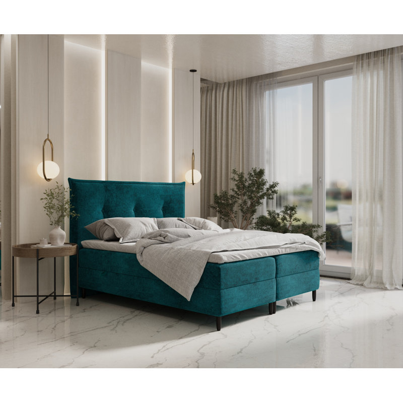 Premium Boxspring Bed GALA With Pocket Mattress And Visco Topper, Turquoise, European Kingsize (160 x 200cm)