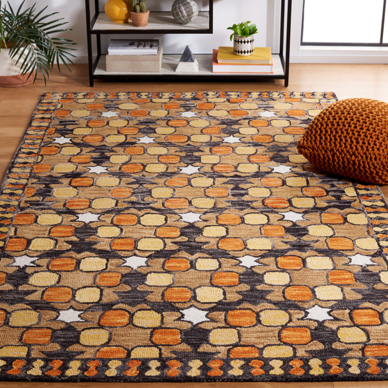 Vahakn Hand Tufted Wool/Cotton Southwestern Rug in Light Yellow/Orange/Black, Rectangle 5' x 8'