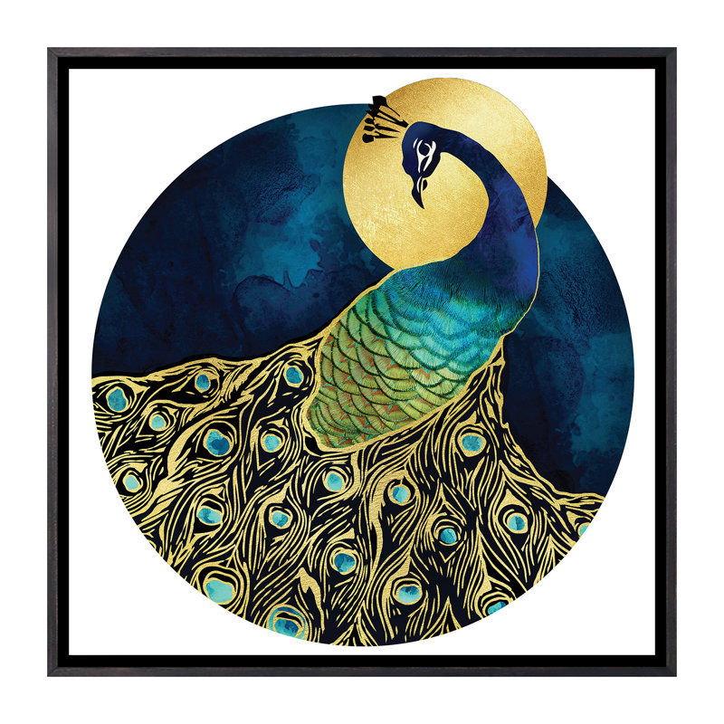 Golden Peacock - impression d'art graphique, Pas de tapis, H 26 po x l 26 po x P 1,5 po, Toile avec cadre noir patiné