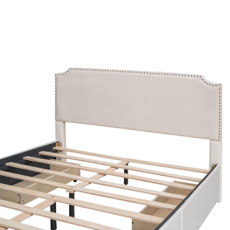 Upholstered Platform Bed With Stud Trim Headboard And Footboard And 4 Drawers No Box Spring Needed, Velvet Fabric, Queen Size