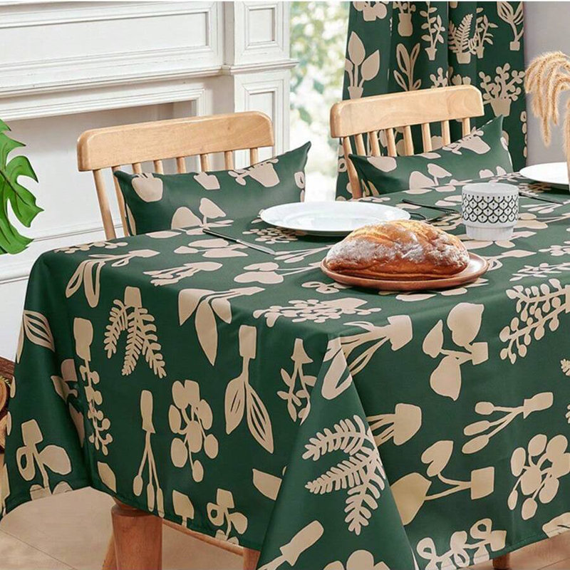 Foliage Flower Patterned Tablecloth, 1 PCS, Dark Green, 54" x 72"