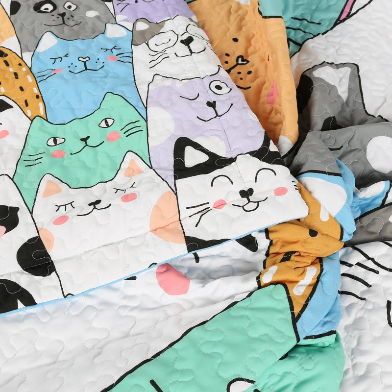 Blue Reversible Kids Full Cat Quilt Bedspread Set