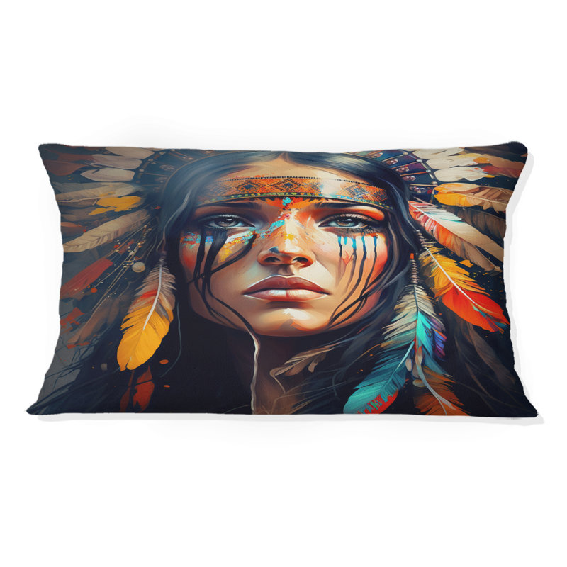 Femme colorée amérindienne VI - coussin décoratif imprimé femme bohème, H 12 po x l 20 po