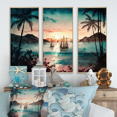 Voiliers au coucher du soleil à la baie tropicale I - 3 pièces sur toile