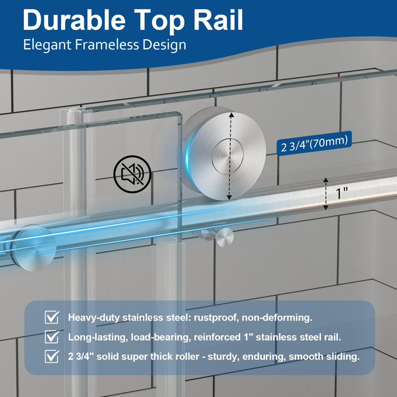 55"-60" W x 63" H Frameless Sliding Tub Door with 5/16" (8mm) Clear Tempered Glass , Brushed Nickel
