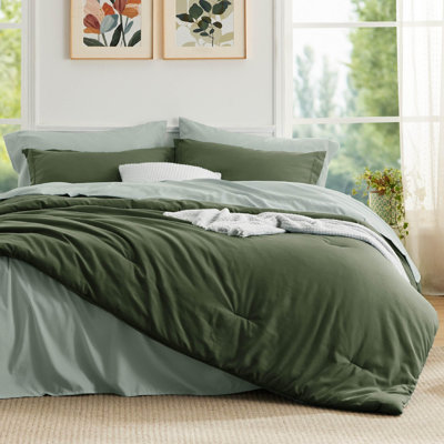 Bedsure King Size Comforter Set - 7 Pieces Olive Green King Bedding Set for All Seasons, Boho Contrasting Design Bed in a Bag with Comforter, Sheets, Pillowcases & Shams