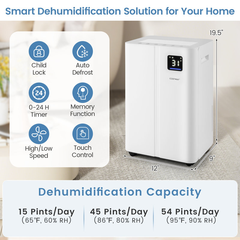 Déshumidificateur pour sous-sol 54 pintes avec réservoir d'eau 4L 4500 pieds carrés