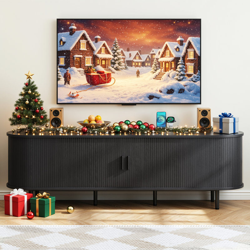 Meuble télé pour téléviseur de 80 po ou moins en bois manufacturé et moderne, 21.7" H x 68.9" W x 15.7" D, Noir
