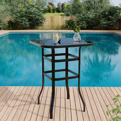 Height Bistro Square Table For Paito, Metal Frame Patio Bar Table Tempered Glass by Winston Porter