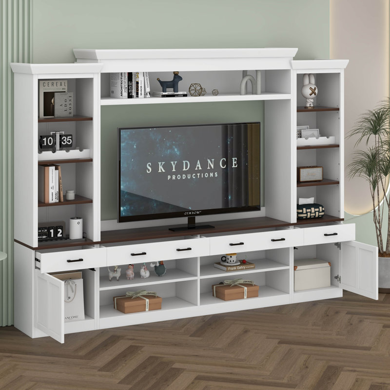 Ensemble mural de divertissement 4 pièces pour téléviseur de 70 po ou moins, meuble télé avec étagère à livres et 4 tiroirs, console média avec support à vin et tablettes réglables