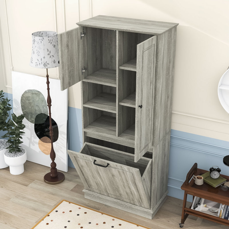 Freestanding Storage Cabinet with Flip-Out Basket and Storage Shelves, Oak