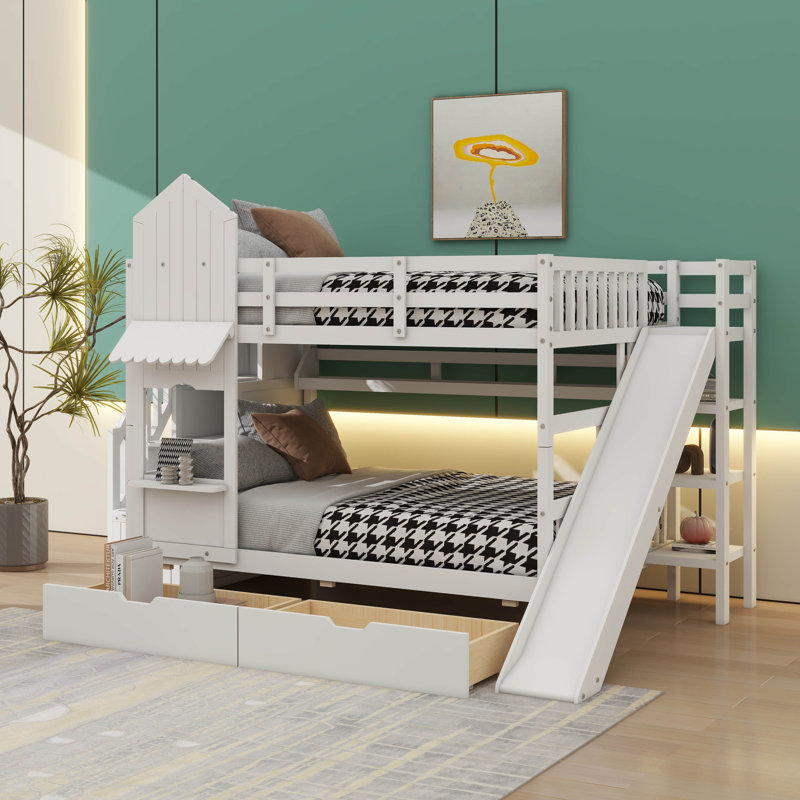 Full-Over-Full Castle-Themed Bunk Bed, Wooden Bunkbed With 2 Drawers & 3 Shelves, Including Slide And Storage Stairs, White