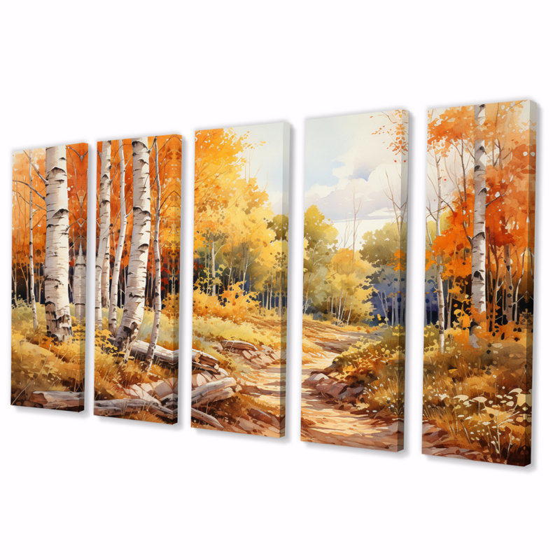 Birch Woods Gilded Pathway II - impression sur toile de bouleau - 5 panneaux égaux