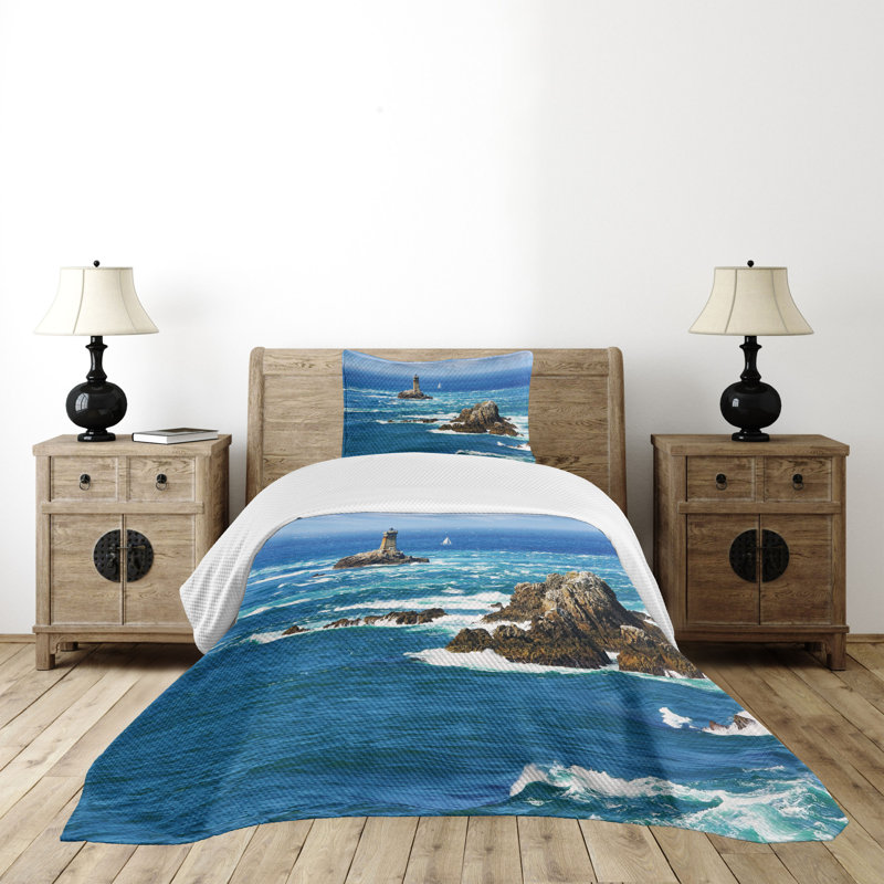 Twin Gray Ocean Quilted Bedspread Set with Pillow Sham
