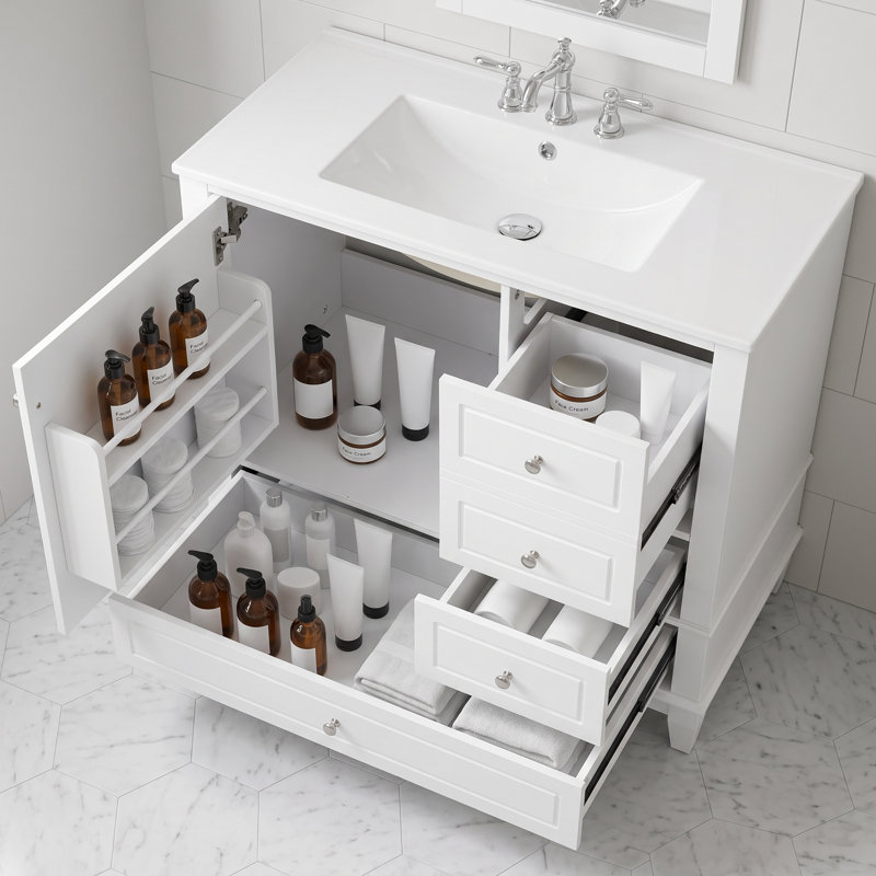 Meuble-lavabo autoportant de 91 cm (36 po) en bois massif et MDF blanc avec lavabo en céramique intégré et rangement, Blanc