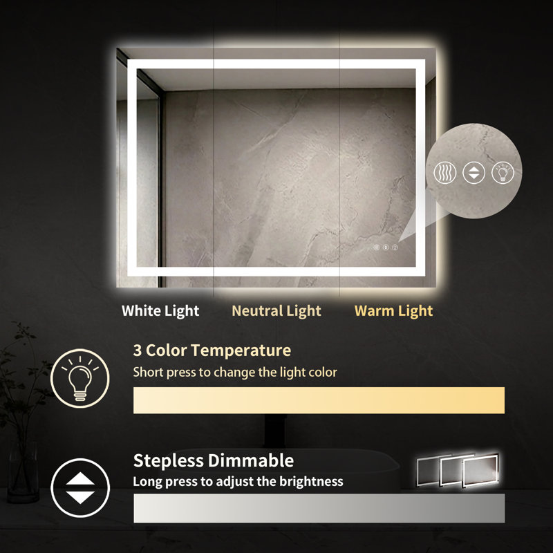 40" X 30" LED Bathroom Mirror With Dimmable Light Anti-Fog Lighted Vanity Mirror With 3 Color Modes, IP44 Waterproof Horizontal/Vertical Mount