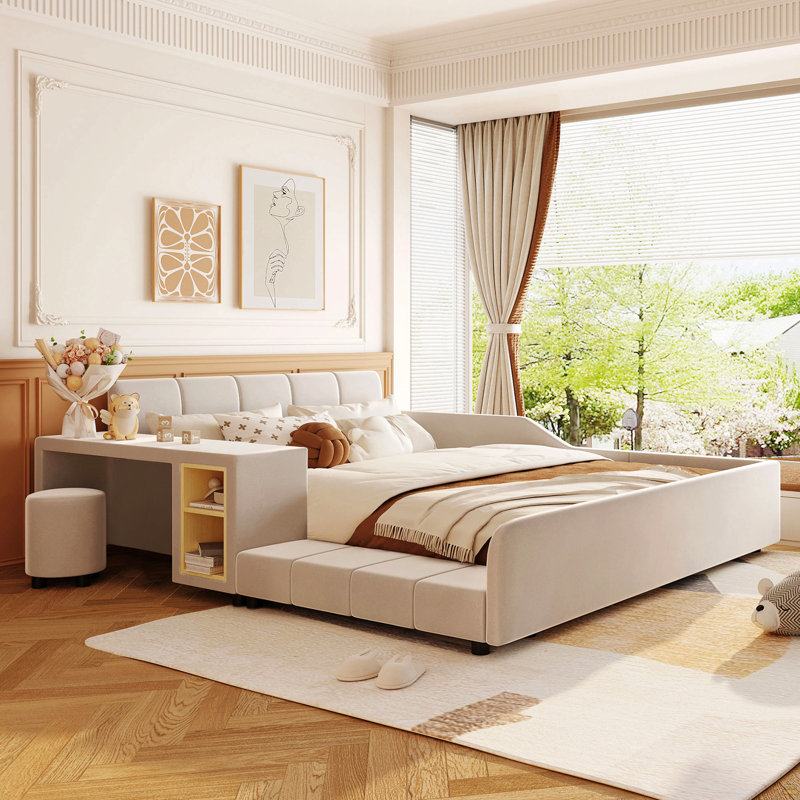 Queen Size Upholstered Grounded Bed, Mother & Child Bed With Bedside Desk And Little Round Stool, Beige, Queen