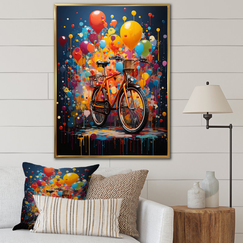 «Camrin Bicycle Bold Rides Pointillism II», reproduction d'art sur toile, H 32 po x l 16 po x P 1 po, Cadre flottant doré