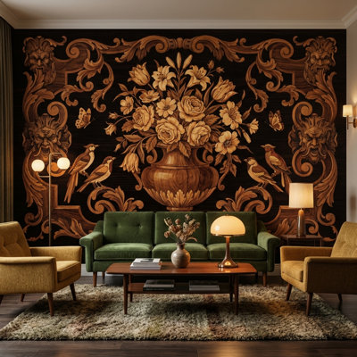 Papier peint mural orné de volutes baroques et de volutes représentant un bouquet de fleurs dans une urne, incrustation de bois.