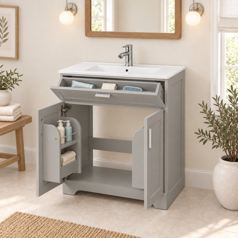 Meuble-lavabo de 76 cm avec lavabo encastré en céramique et robinetterie inclus - Gris, Gris, 30"
