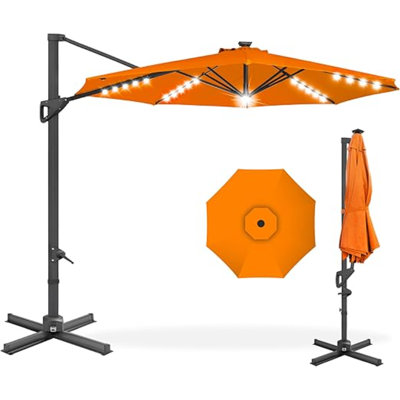 Produits Parasol solaire de patio en porte-à-faux à DEL de 10 pi, abat-jour de marché extérieur pivotant à 360 degrés pour la cour, la terrasse, la piscine avec lumières, inclinaison facile, base croisée