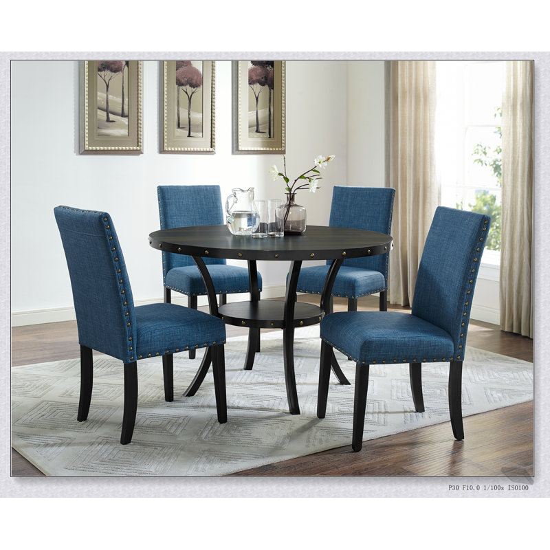 Ensemble de 2 chaises de salle à manger Biony en tissu avec garniture cloutée, bleues, confortables et élégantes, Bleu
