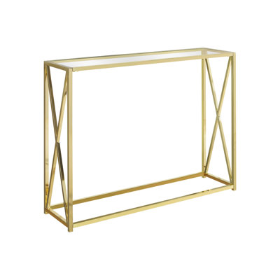 Spacious Accent Table With Thick Clear Glass Top And Polished Gold Metal Structure Base Console Tempered For Living Space