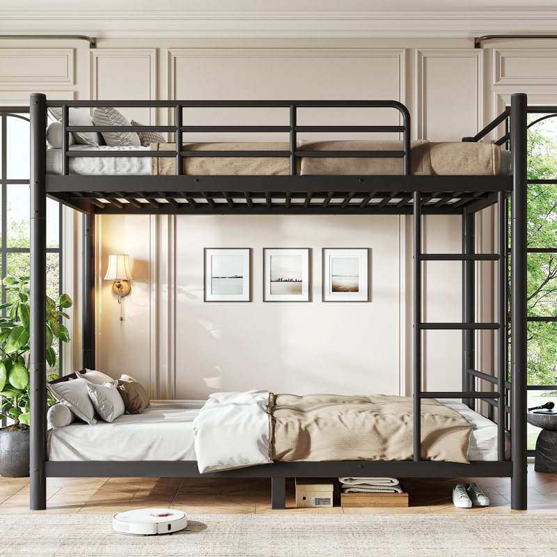 Lit superposé convertible en métal avec garde-corps, échelle et lattes en acier, noir, Twin XL over Twin XL