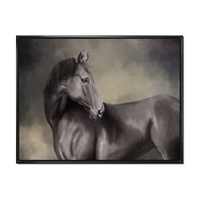 Portrait d'un cheval IV - Peinture sur toile, Cadre flottant noir, H 34 po x l 44 po