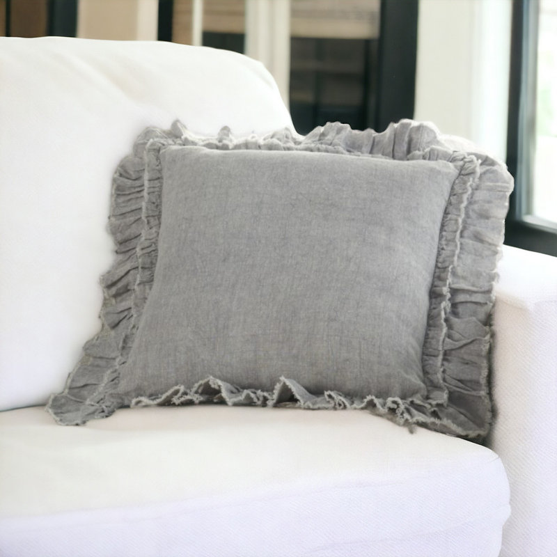 24" Pillow With Ruffled Edges, Light Gray