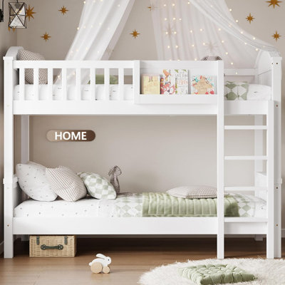 Lit superposé simple au-dessus de simple avec bibliothèque, structure en bois convertible, blanc
La structure en bois de pin, en panneau de fibres à densité moyenne et en contreplaqué se transforme en 2 lits simples avec garde-corps, étagère à livres et rangement sous le lit de 5,3 pouces.