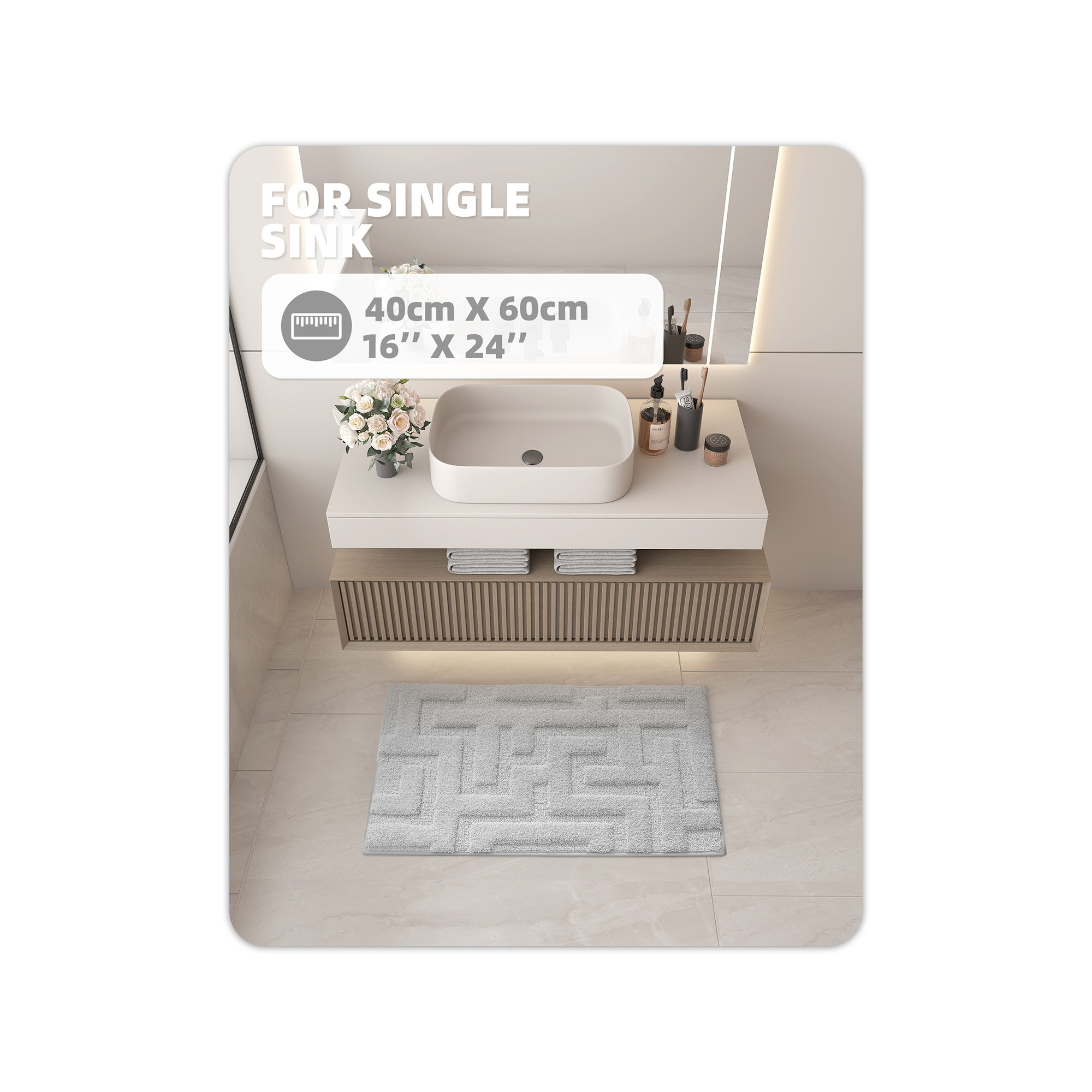 Non-Slip Bath Rug, Gray, 16" L x 24" W