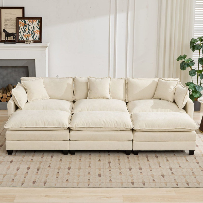 Schmucker Modular Sleeper Sectional Sofa, Oversized Cloud Couch With Ottoman, Beige Chenille, 33" H x 113.8" W x 35" D