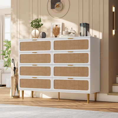 Commode 8 tiroirs en rotin pour chambre à coucher, commode en bois l 47 po avec poignées en métal, meuble télé commode, rangement pour vêtements pour chambre à coucher, blanc