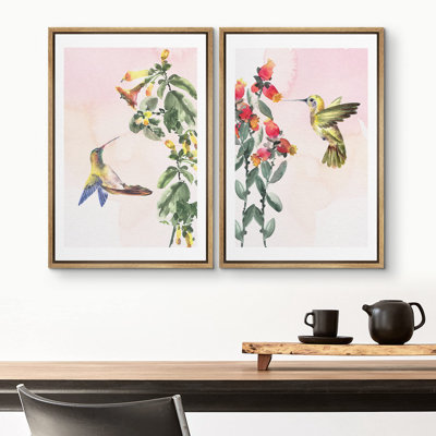 Bird " Blue Yellow Watercolor Floral Hummingbird Nature Wilderness Illustrations Chic Closeup Colorful " 2 - Pieces