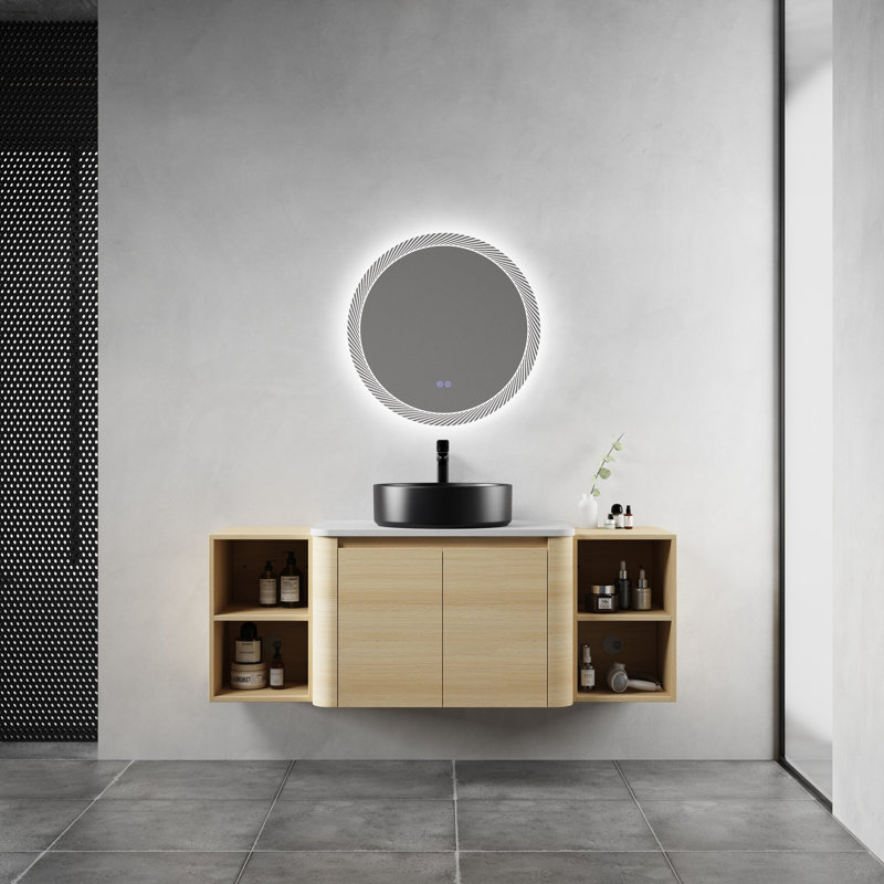 Meuble-lavabo mural 54 po avec lavabo d'art en céramique et 2 tablettes de rangement, 2 portes à fermeture douce, contreplaqué