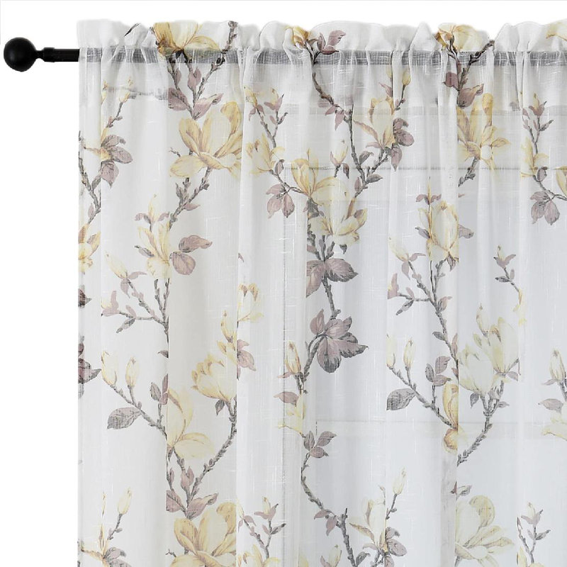 White Floral Polyester Semi-Sheer Curtain Panels, 52" x 63"