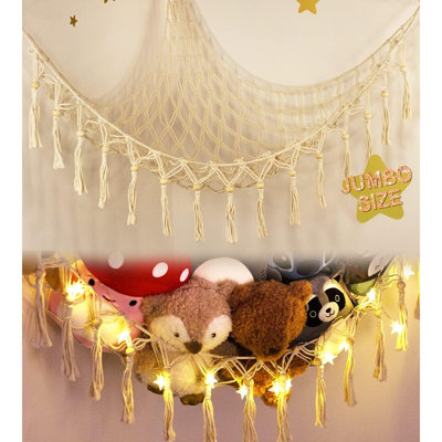 Hamac de rangement pour animaux en peluche avec lumière DEL, organisateur de jouets en peluche en macramé fait à la main, filet de coin suspendu avec crochets muraux, décoration de chambre Boho