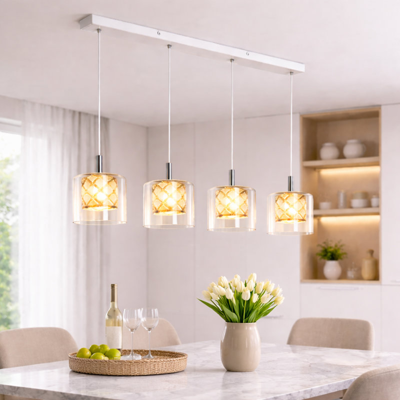 Kitchen Island Pendant 3/4- Light Stainless Stee Cylinder Pendant, 4, 140cm H x 58cm W x 5cm D