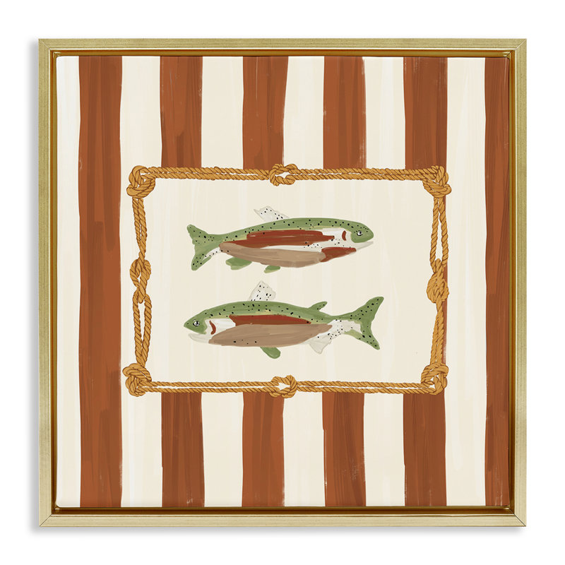 Cadre flottant Gone Fishing sur rayures, design par Veronica Lara, H 25 po x l 25 po, Cadre flottant métallique doré