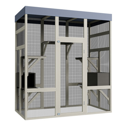 Large 62.6" Outdoor Wooden Catio For Cats, Secure Enclosure With Waterproof Roof, 2 Houses, And Platforms, Rust-Proof Wire Pet Cage For Patio/Backyard