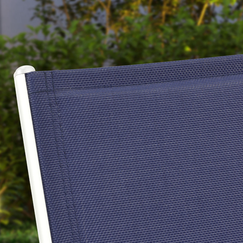 Outdoor Rust-Resistant Metal Chaise Lounge with Table, White Frame/Navy Blue Cushion