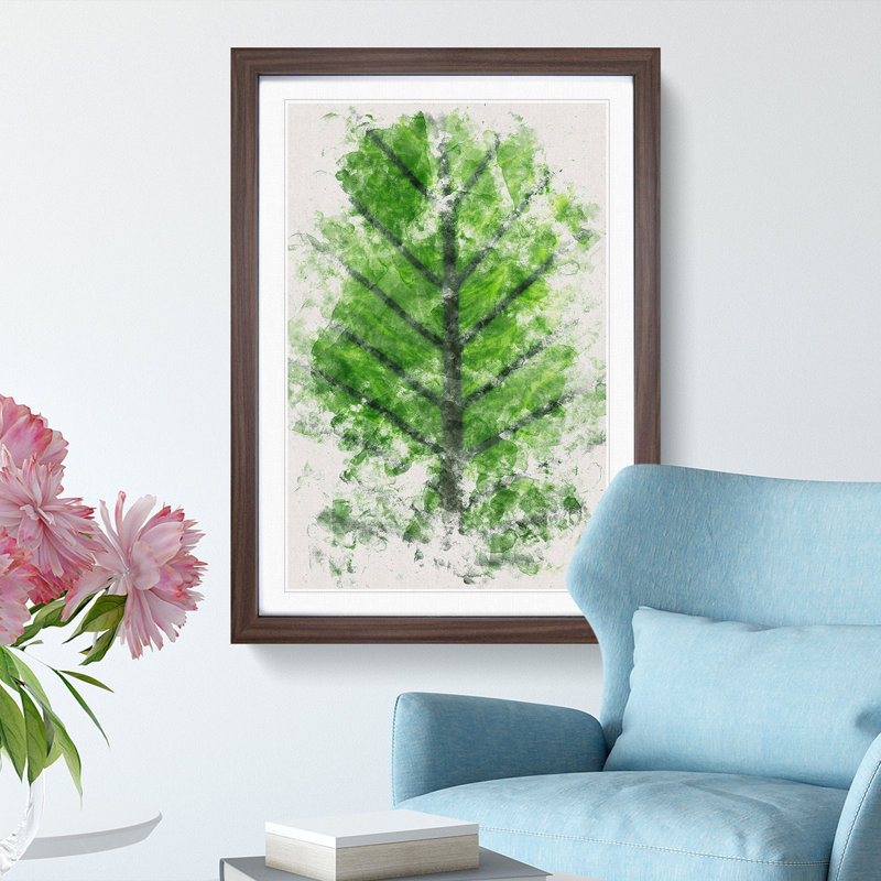 Green Leaf Lines Watercolour - Picture Frame Graphic Art, Walnut Framed, 87cm H x 62cm W x 2cm D