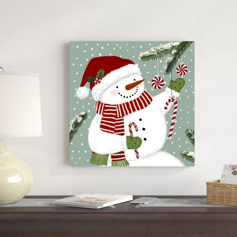 Peppermint Snowman I par Victoria Barnes - peinture sur toile tendue, H 20 po x l 20 po