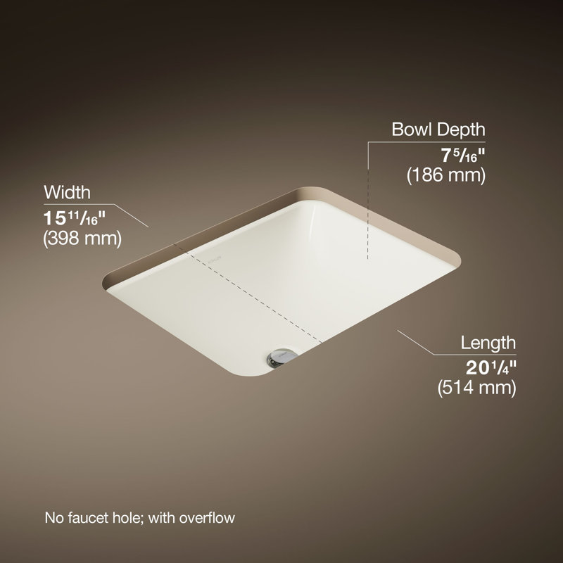 Caxton™ Kohler Rectangle 20-1/4" Undermount Bathroom Sink with Overflow, Biscuit