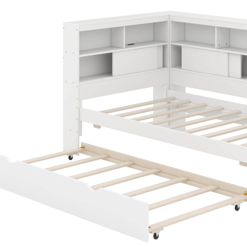 Twin Wood Daybed With Shelves And Trundle, White