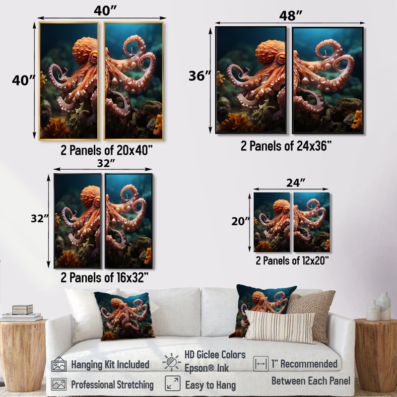 Coral Octopus Serene submersion II - impressions sur toile modernes, Noir, H 36 po x l 48 po, Impression encadrée flottante