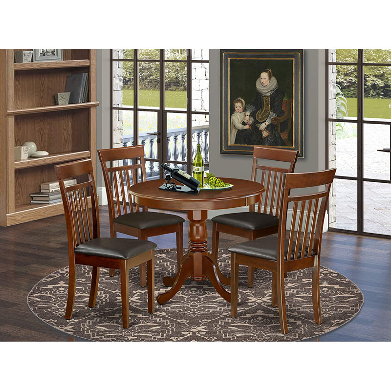 5 Piece Dining Set for 4 Includes a Round Kitchen Table with Pedestal and 4 Faux Leather Dining Room Chairs, Mahogany